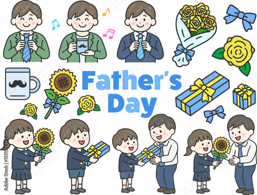 いろいろな、父の日（線画カラー）のイラストセット