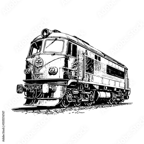 train on railroad with mountain landscape sketch engraving black and white outline. Scratch board imitation.  illustrated in vintage line art style on a white background.