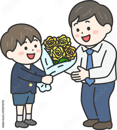父の日に、父親に黄色の薔薇の花束を渡す、男の子（線画カラー）のイラスト