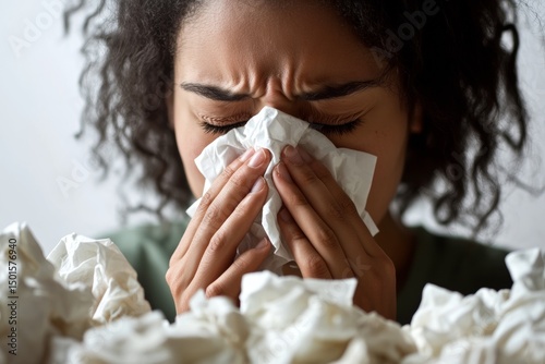 A person is blowing their nose into a tissue, visibly struggling with a cold, surrounded by a chaotic pile of used tissues that captures a relatable moment of ailment