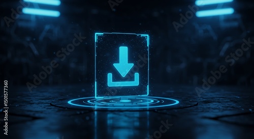 Glowing Blue Download Icon in Dark Futuristic Setting