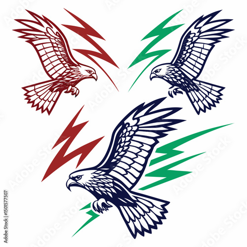 Three majestic eagles in flight with lightning bolts