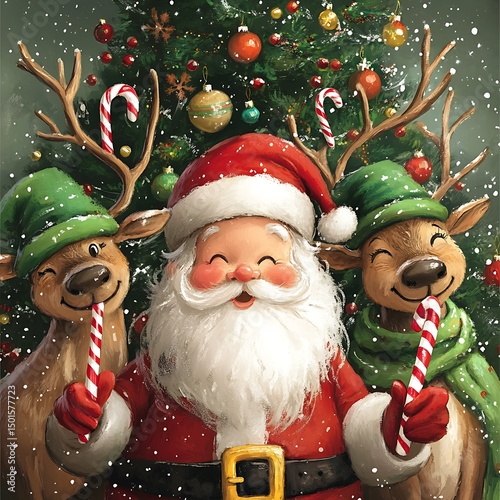 Santa and reindeer with candy canes in a festive scene.