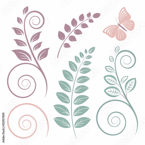 Elegant floral swirls butterfly design elements png