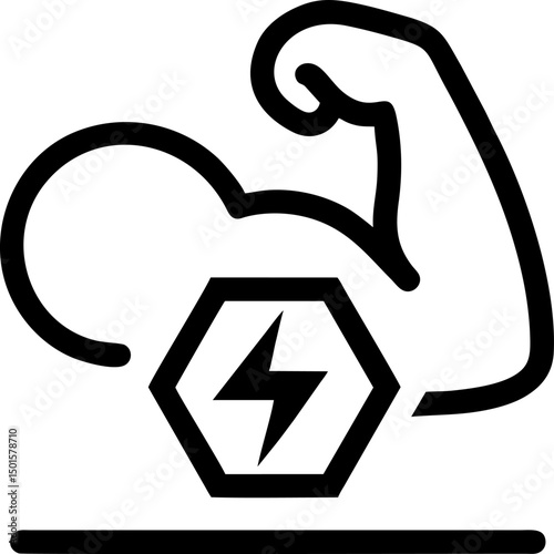 Powerful arm flexing with energy symbol