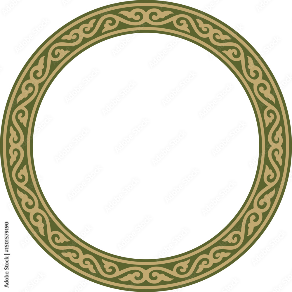 Vector round gold with green ancient Russian ornament. Slavic border, frame. Circle, ring. Painting of the royal chambers.
Vector round gold with green ancient Russian ornament. Slavic border, frame. Circle, ring. Painting of the royal chambers.