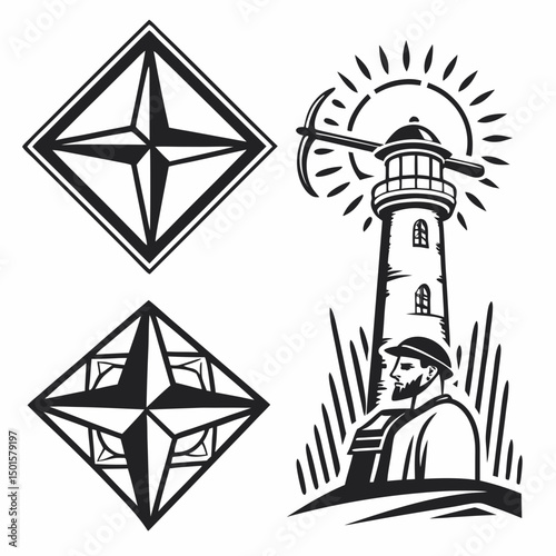 Lighthouse sailor compass rose nautical graphic design