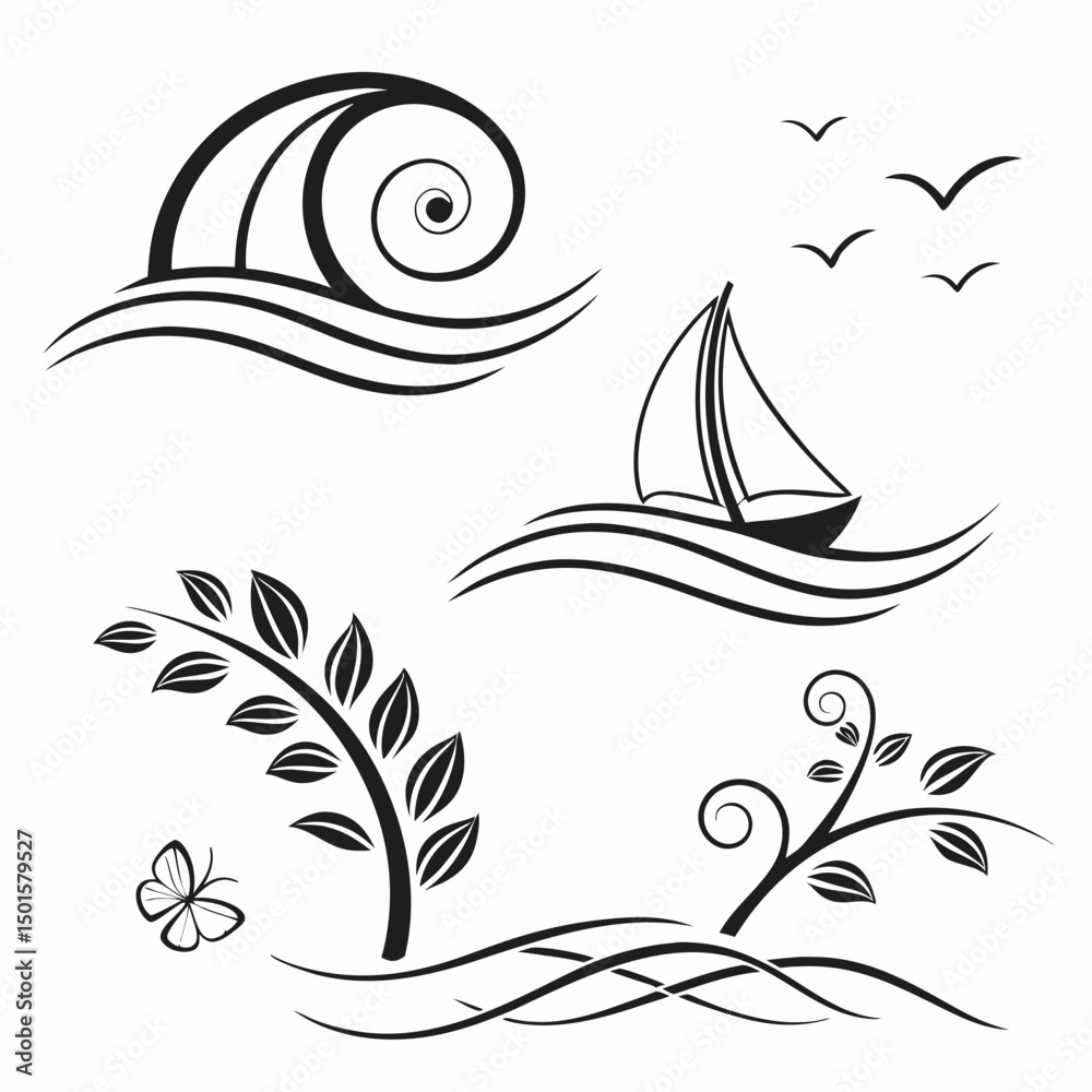 Fototapeta premium Elegant black and white nature and sea design elements
