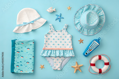 Baby girl summer beach outfit swimsuit sun hat towel toys
