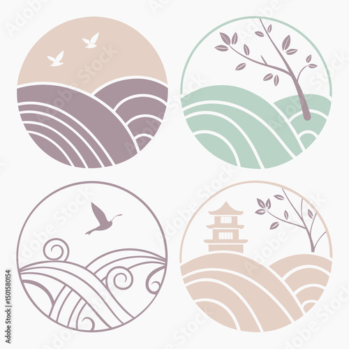 Elegant nature icons set, circular design elements, transparent background
