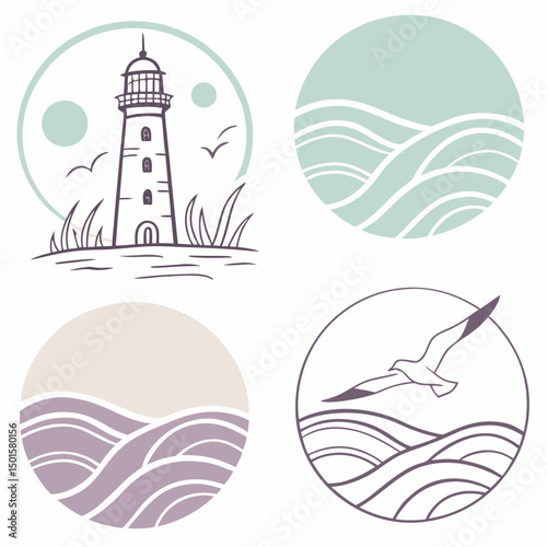 Lighthouse seascape icons set, isolated, transparent background