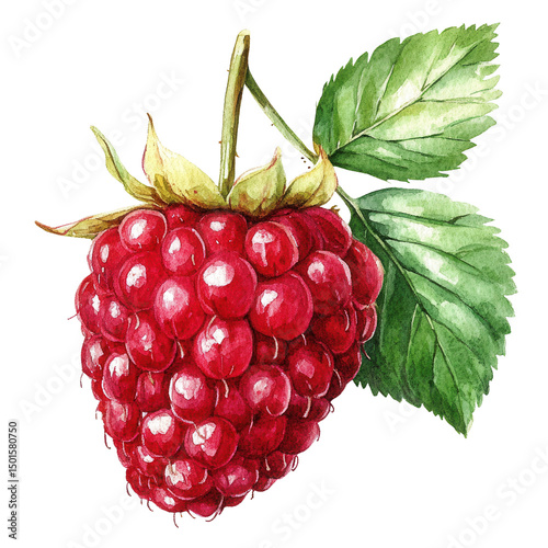 A raspberry with leaves on transparent background