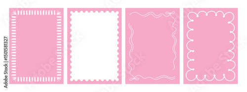 Set of pink and white whimsical frames. Hand drawn wavy frames for trendy invitations, cards, menu design. Vector illustration of doodle rectangular borders.