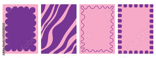 Set of hand drawn whimsical frames for posters and greeting cards, invitations. Pink and violet decorative abstract background templates and border frames