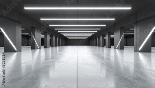 Underground Showroom Vast  Dark Hall with Glossy Concrete Floor and Firefly Lighting