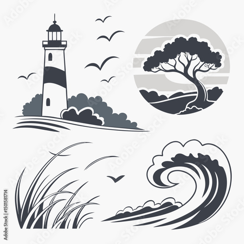 Coastal landscape lighthouse seascape ocean wave illustration