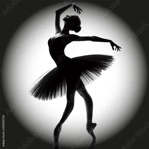 Black and white silhouette of a dancing ballerina on an isolated background. Vector graphics. EPS.