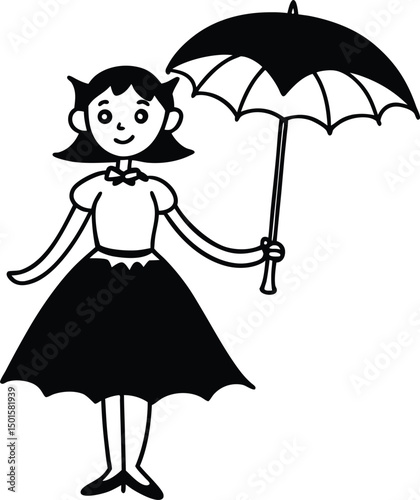 Cute Girl Holding Parasol in Elegant Dress – Black and White Coloring Page
