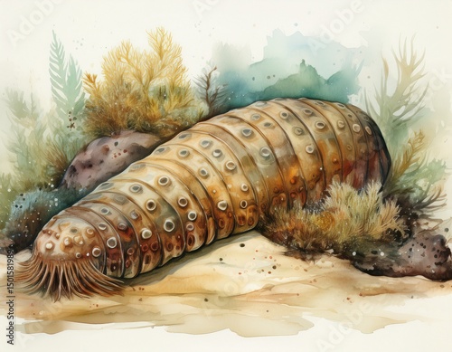 Faszinierende Seegurke auf dem Meeresgrund – Aquarell in Erdtönen photo