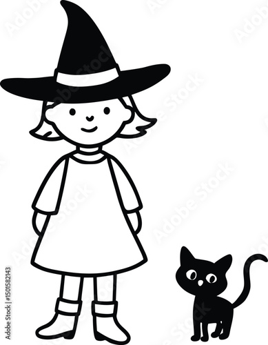  Witch Girl in Halloween Costume with Pet Black Cat – Coloring Page Illustration