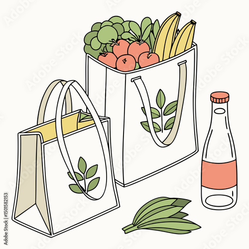 Reusable shopping bags with groceries and drink
