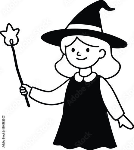 Little Witch Girl Holding Star Wand – Magical Halloween Coloring Page