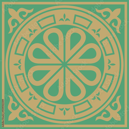 Vector gold with green square classic byzantine ornament. Rectangle, border, Ancient Greece, Eastern Roman Empire frame. Decoration of the Russian Orthodox Church
