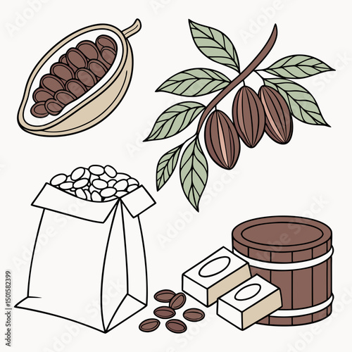 Cocoa beans, plant, bag, soap, and wooden tub illustration