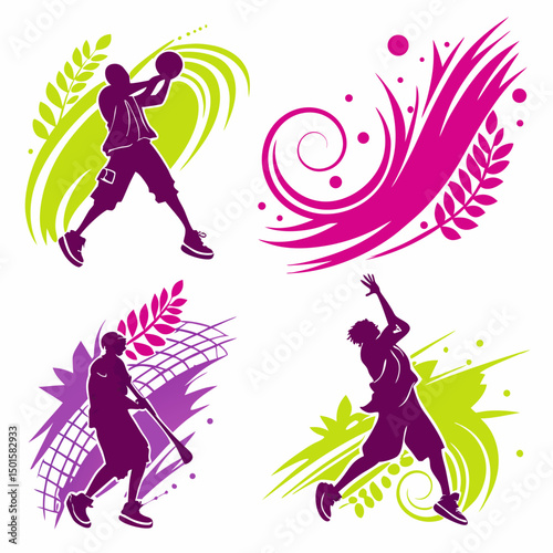 Dynamic sports silhouettes, isolated, clean cutouts, ready for design