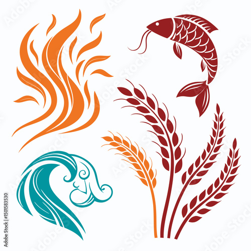 Stylized elements fire water wheat fish design