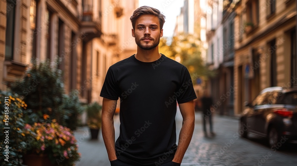 Fototapeta premium Man in Black T-Shirt on City Street