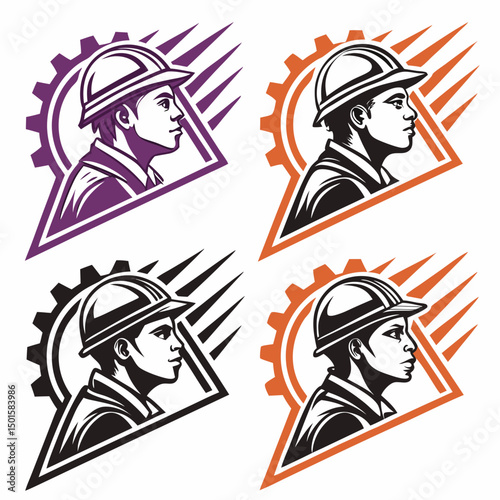 Construction worker profile gear logo variations