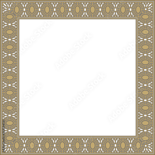 Vector square European gold and black ornament. Rectangular pattern, circle, ring of the Middle Ages. Revival border. Decorations of palaces and churches.
