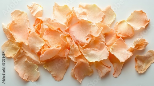 Scattered soft peach rose petals on a clean, bright white background. Perfect for love, wedding, or feminine beauty product designs.