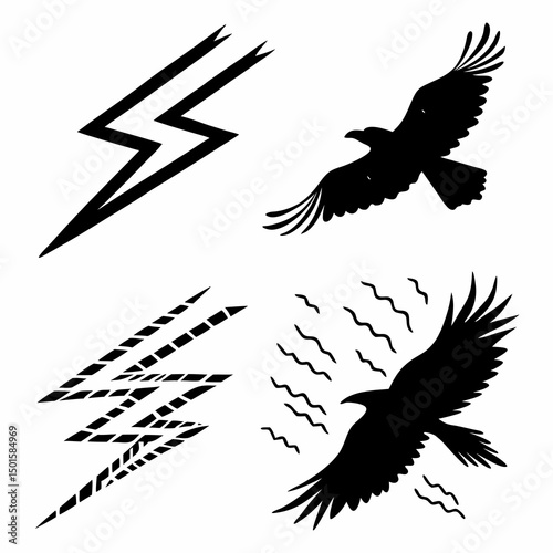 Bold black raven and lightning bolt silhouettes
