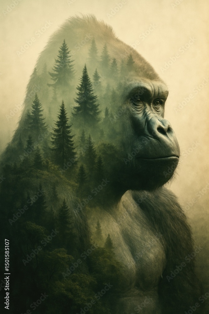 Fototapeta premium Gorilla forest double exposure art.