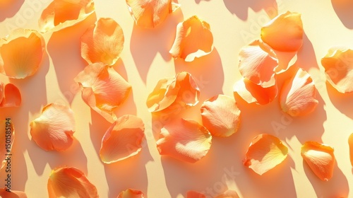 Peach rose petals lay scattered on a creamy, sunlit surface. Great for beauty, spa, wedding, and romantic themed projects.
