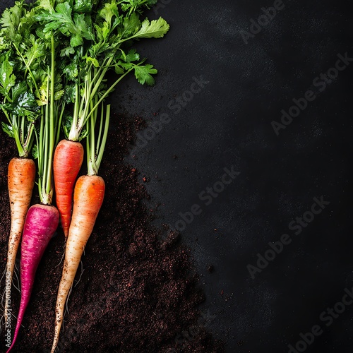 farm-to-table vegetable photography, Fresh colorful organic vegetables flat lay for farming and healthy food concept, showcasing fresh colorful organic vegetables with copy space, styled with fresh co