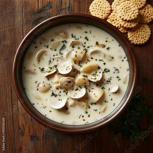 Freshly served bowl of New England clam chowder, creamy white soup with chunks of clams, potatoes, and herbs, garnished with parsley, served with oyster crackers on a rustic wooden table, top-down vie photo