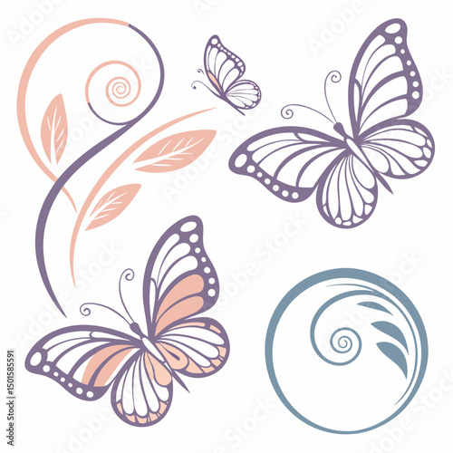 Elegant butterflies floral swirls design element
