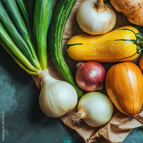 farm-to-table vegetable photography, Fresh colorful organic vegetables flat lay for farming and healthy food concept, showcasing fresh colorful organic vegetables with copy space, styled with fresh co