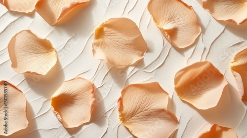 Peach rose petals lie on textured white background, casting soft shadows. Use for spa promotions, cosmetic ads, or romantic greeting cards.