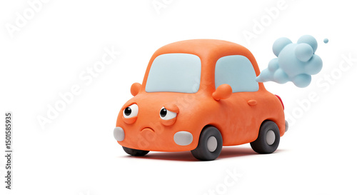 3d clay style , broken Cartoon car after car accident feeling sad with smoke coming out of the exhaust  