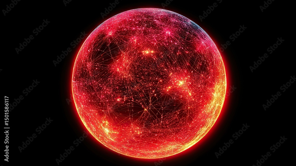 Fototapeta premium Red Sphere with Glowing Network on Black Background