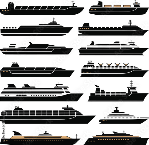 Set of ship silhouettes and icons for nautical and travel design