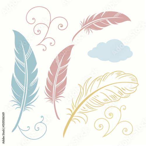 Elegant pastel feathers isolated design elements