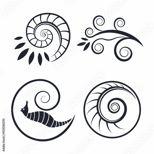 Elegant spiral designs set, isolated cutouts, transparent background