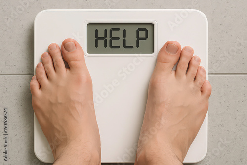  Bathroom scale displays word help. Human feet standing. Concept diet, weight loss, obesity. Overweight, anorexia, starvation, balance, healthy lifestyle. Need assist, gain or lose body weight