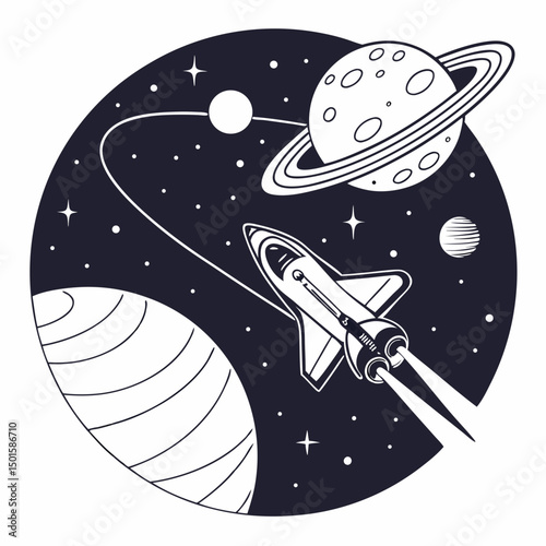 Space shuttle soaring through cosmic landscape