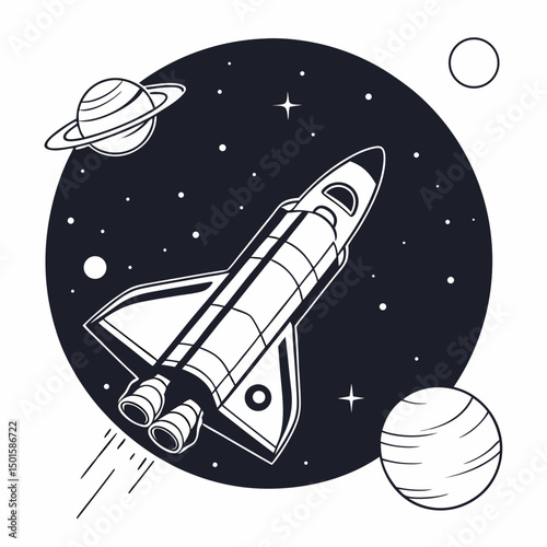 Space rocket launching through cosmos planets stars